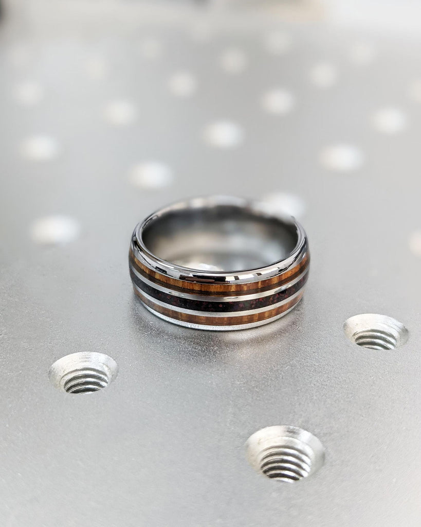 8MM Koa Wood and Opal Tungsten Ring | Silver Tungsten Carbide Ring | Koa Wood Opal Inlay Wedding Band | Domed Polished 8mm Mens Wedding Ring