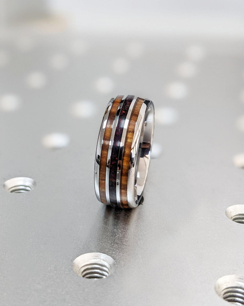 8MM Koa Wood and Opal Tungsten Ring | Silver Tungsten Carbide Ring | Koa Wood Opal Inlay Wedding Band | 8mm Men&#39;s Wedding Ring | Women&#39;s or Men&#39;s 6mm Comfort Fit Rings | Domed Polished Finish Tungsten Ring | Anniversary Ring for Him | Father&#39;s Day Gift