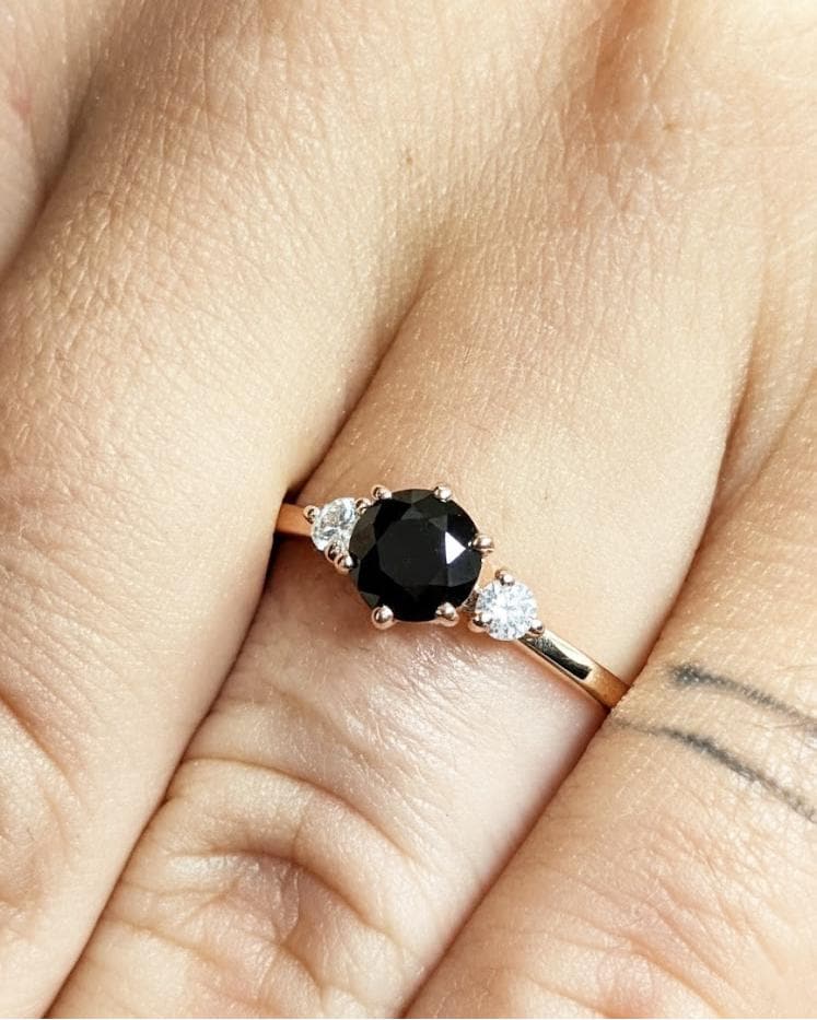 14K Rose Gold Black Diamond Ring | Round Cut | Past Present Future 3 Stone Ring