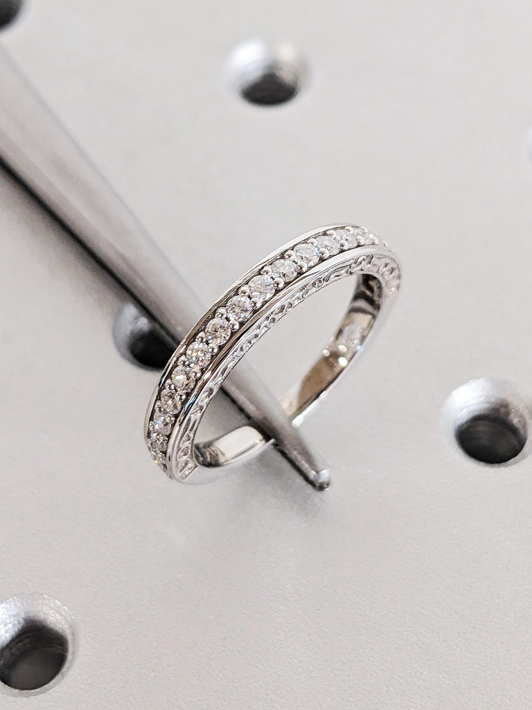 14K White Gold Diamond Wedding Band, Round Cut Pavé Ring, Vintage Filigree Bridal Band, Scroll Engraved Matching Ring