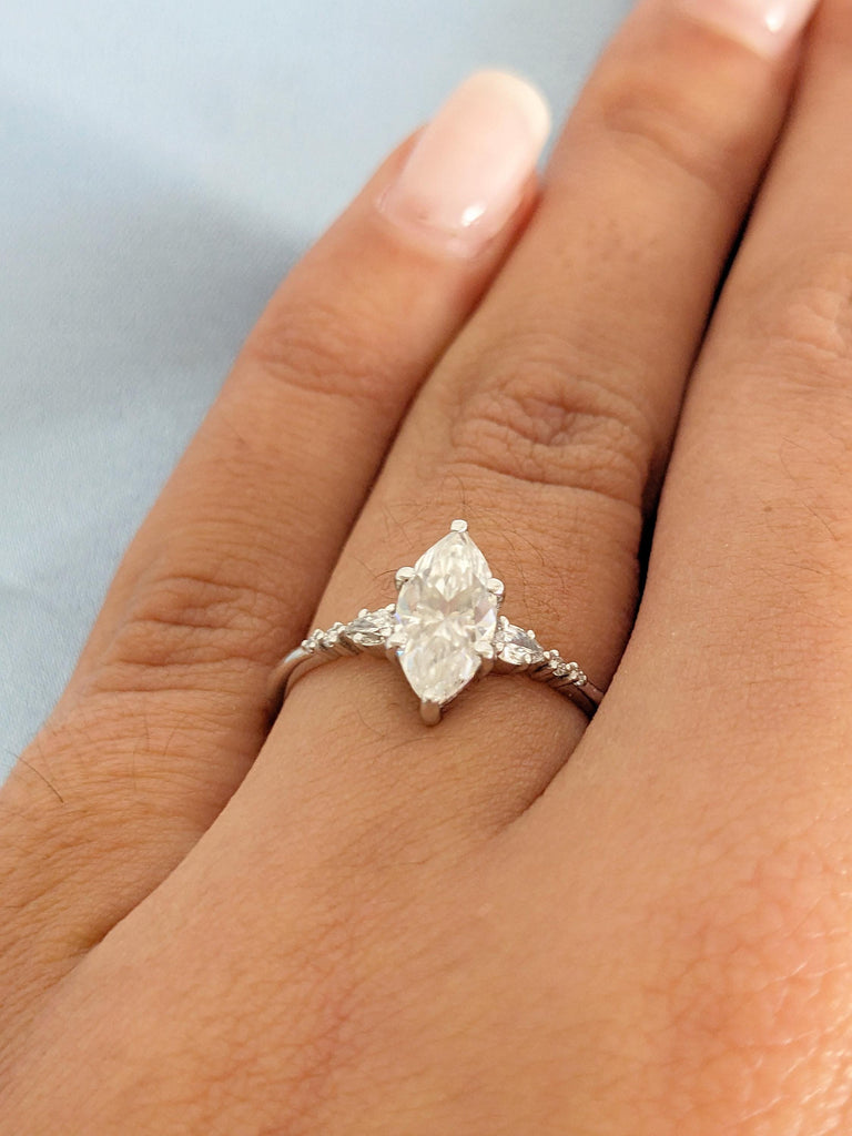 Marquise Cut Moissanite Engagement Ring, 14K White Gold, Diamond Cluster 6 Prongs Wedding Ring, Promise Ring, Bridal Gold Ring Fine Jewelry