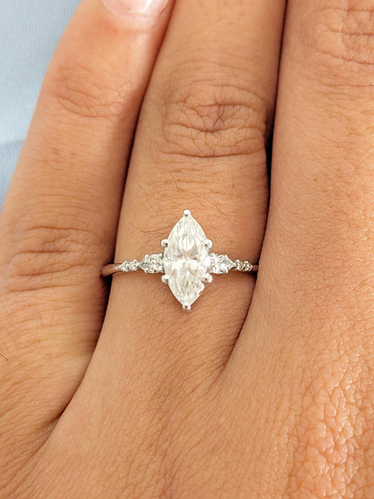 Marquise Cut Moissanite Engagement Ring, 14K White Gold, Diamond Cluster 6 Prongs Wedding Ring, Promise Ring, Bridal Gold Ring Fine Jewelry