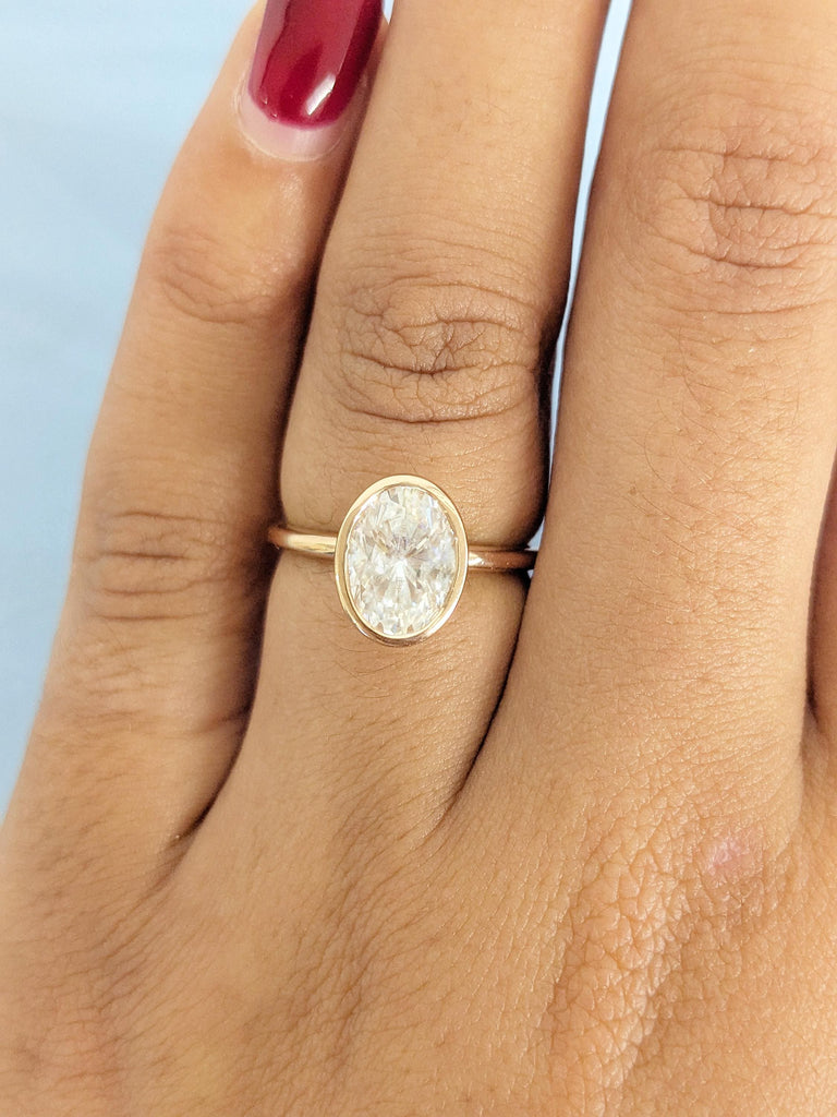 14K Rose Gold Oval Bezel Moissanite Ring, Solid Gold Solitaire Bridal Ring