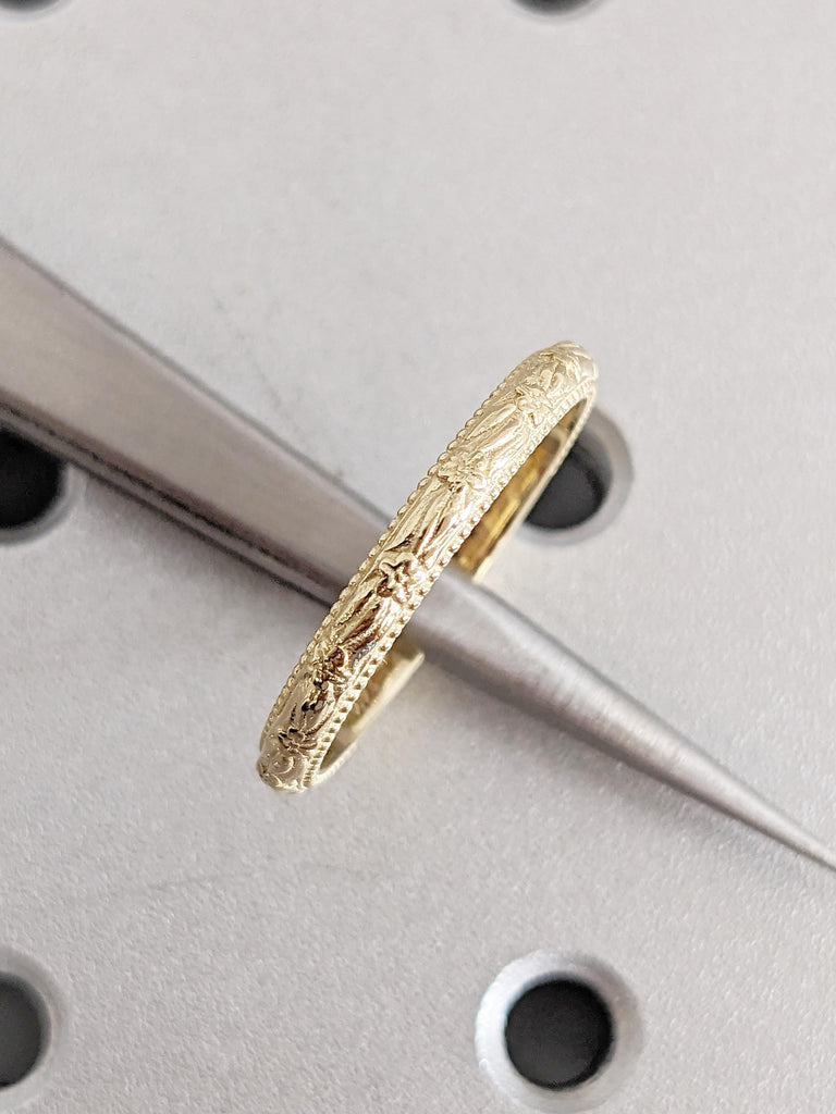 Dainty Floral Wedding Band for Women, 14k Solid Gold Milgrain Ring