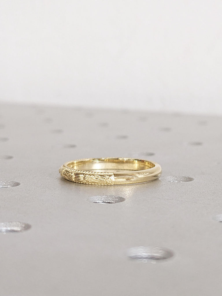 Dainty Floral Wedding Band for Women, 14k Solid Gold Milgrain Ring, Flower Ring, Unique Handmade Ring, Matching Ring, Gold Stacking Ring