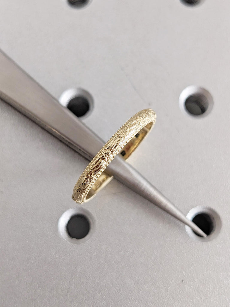 Dainty Floral Wedding Band for Women, 14k Solid Gold Milgrain Ring, Flower Ring, Unique Handmade Ring, Matching Ring, Gold Stacking Ring