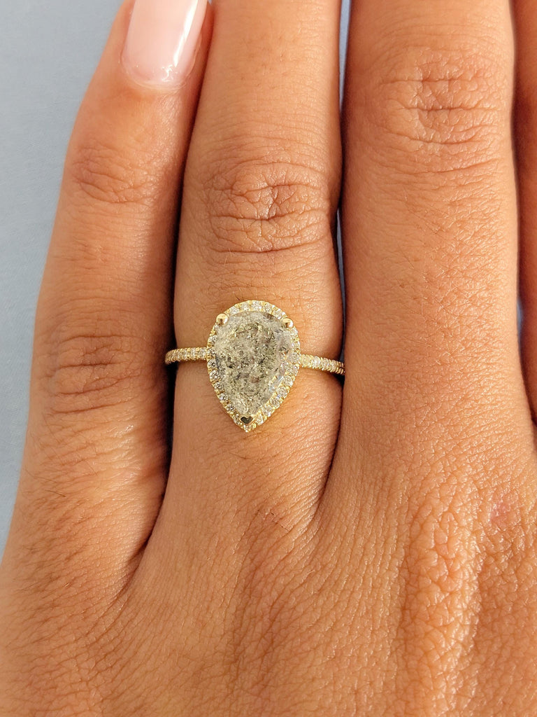 1920s Pear Cut Salt and Pepper Diamond Engagement Ring, 14K Yellow Gold Halo Ring, Vintage Diamond Wedding Ring