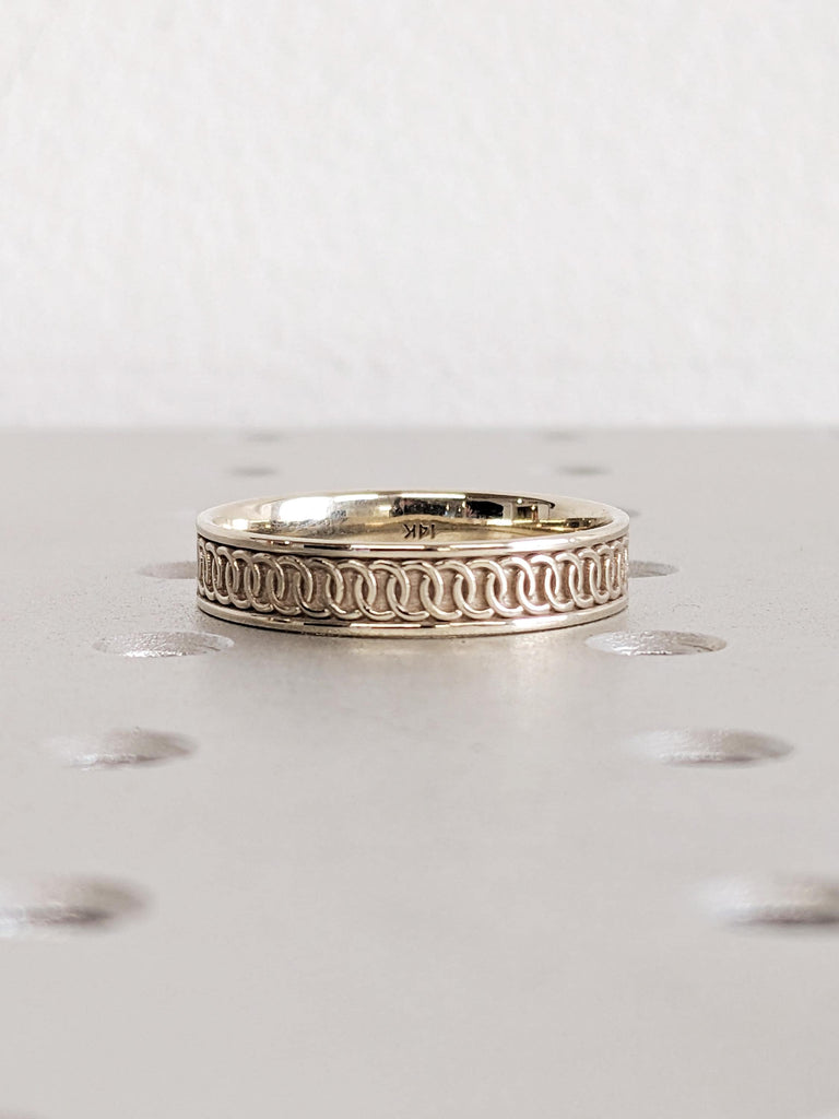 White Gold Wedding Band, Chain Pattern Men’s Engagement Ring, 14K Solid Polished Band, Endless Love 5mm, Custom Anniversary Band For Him