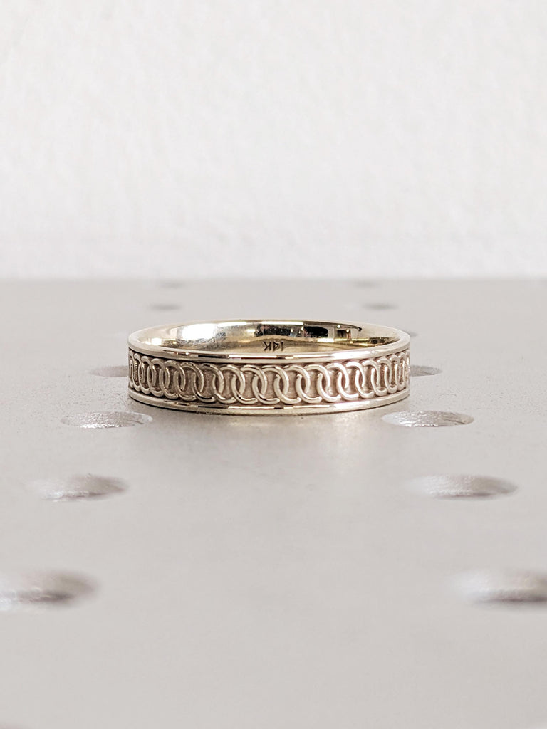 Chain Pattern White Gold Band, 14K Polished Men’s Wedding Ring, Custom 5mm Modern Engagement Band, Alternative Ring