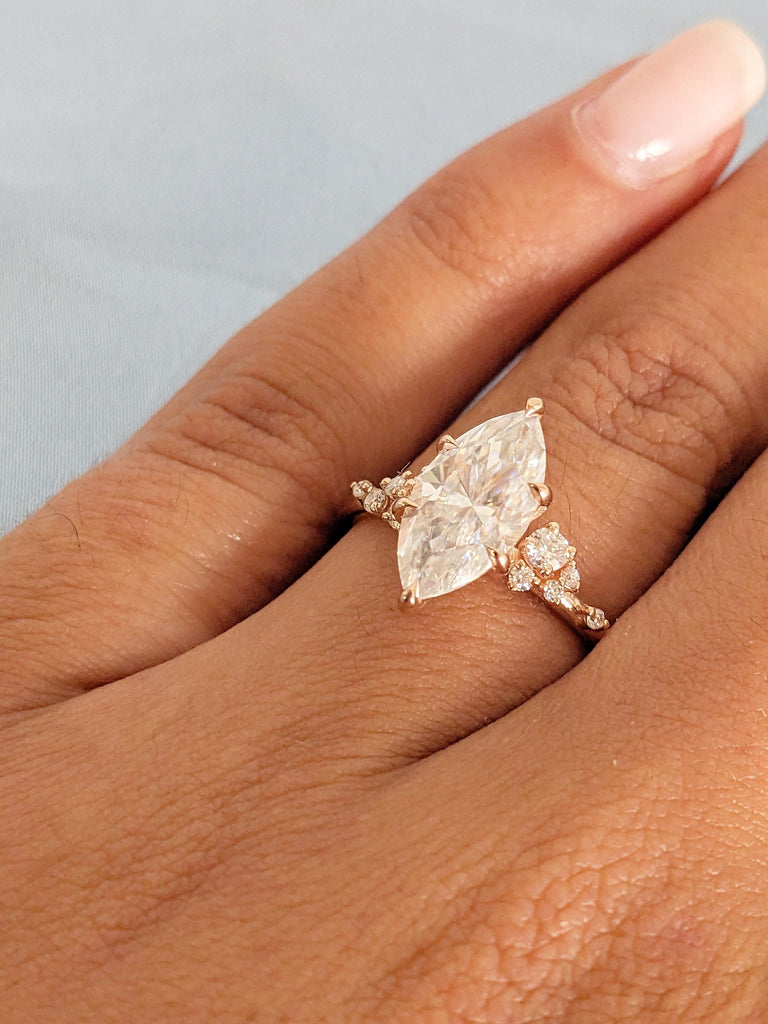 14K Rose Gold Marquise Cut Moissanite Engagement Ring, Diamond Cluster Wedding Ring, Unique Moissanite Bridal Ring, Custom Ring Gift For Her