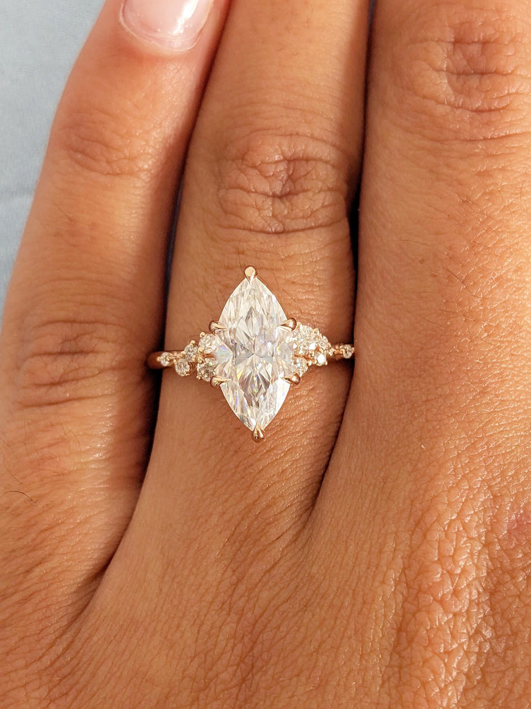 14K Rose Gold Marquise Cut Moissanite Engagement Ring, Diamond Cluster Wedding Ring, Unique Moissanite Bridal Ring, Custom Ring Gift For Her