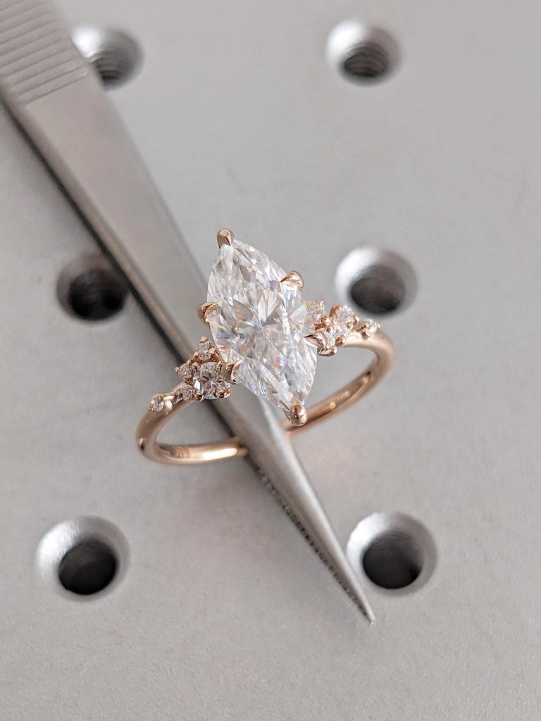 IGI Certified Lab Grown Diamond Ring, 14K Rose Gold Marquise Cut Diamond Engagement Ring, Prong Set Snowdrift Diamond Cluster Wedding Ring