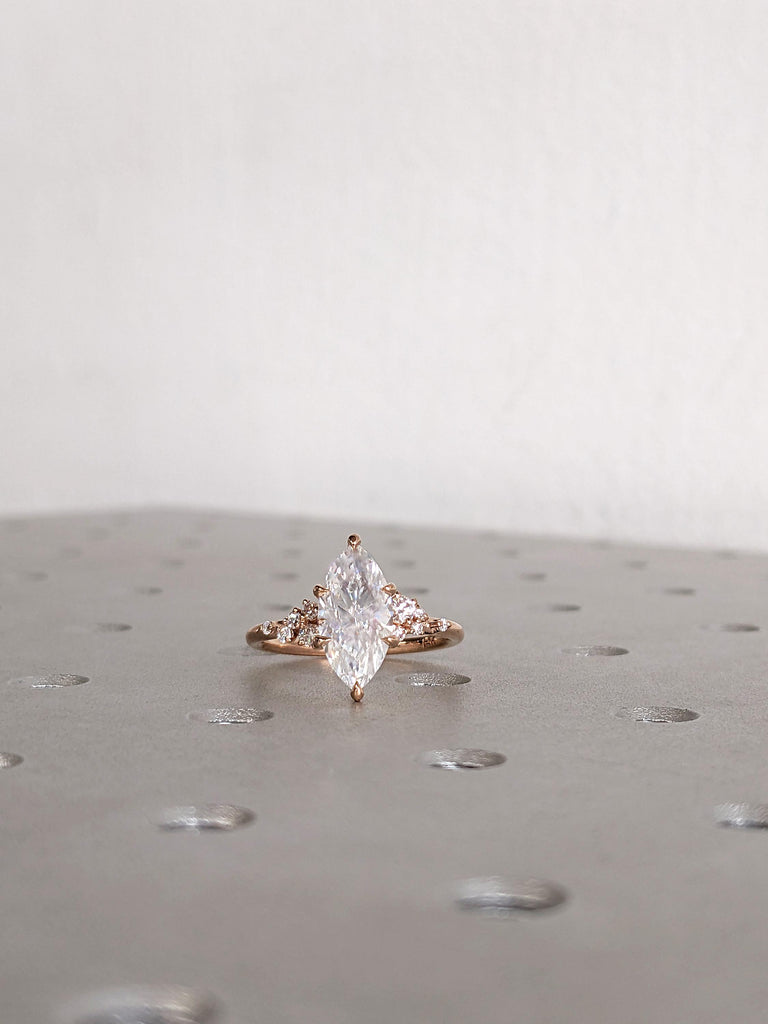 IGI Certified Lab Grown Diamond Ring, 14K Rose Gold Marquise Cut Diamond Engagement Ring, Prong Set Snowdrift Diamond Cluster Wedding Ring