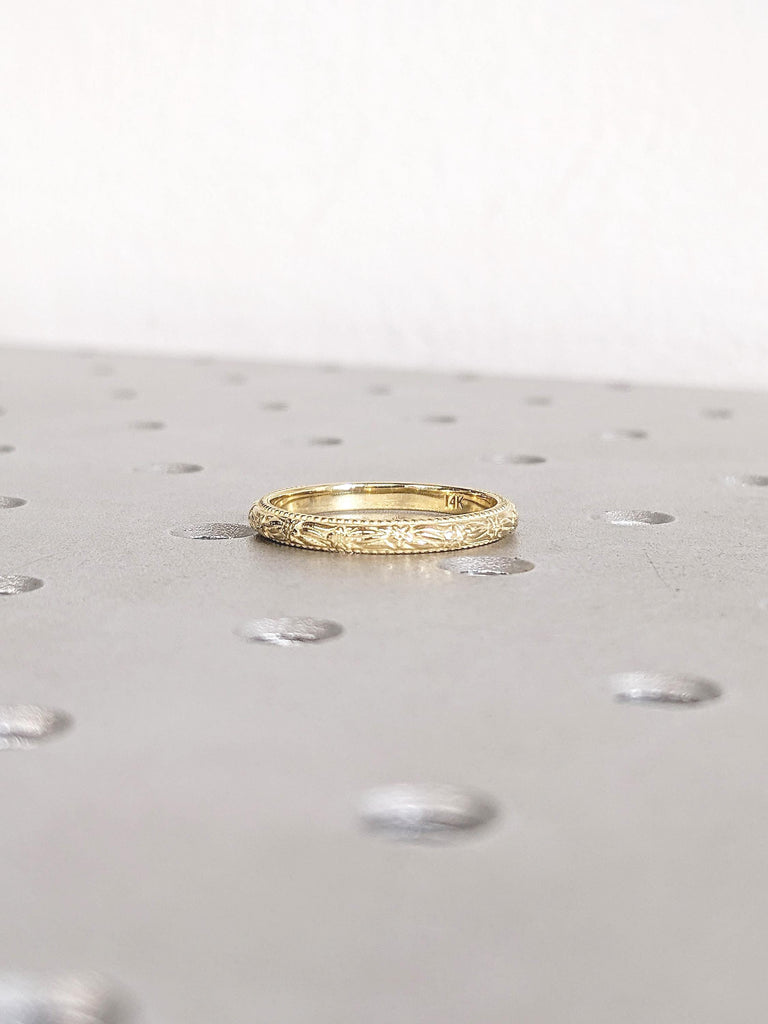 Dainty Floral Wedding Band for Women, 14k Solid Gold Milgrain Ring, Flower Ring, Unique Handmade Ring, Matching Ring, Gold Stacking Ring