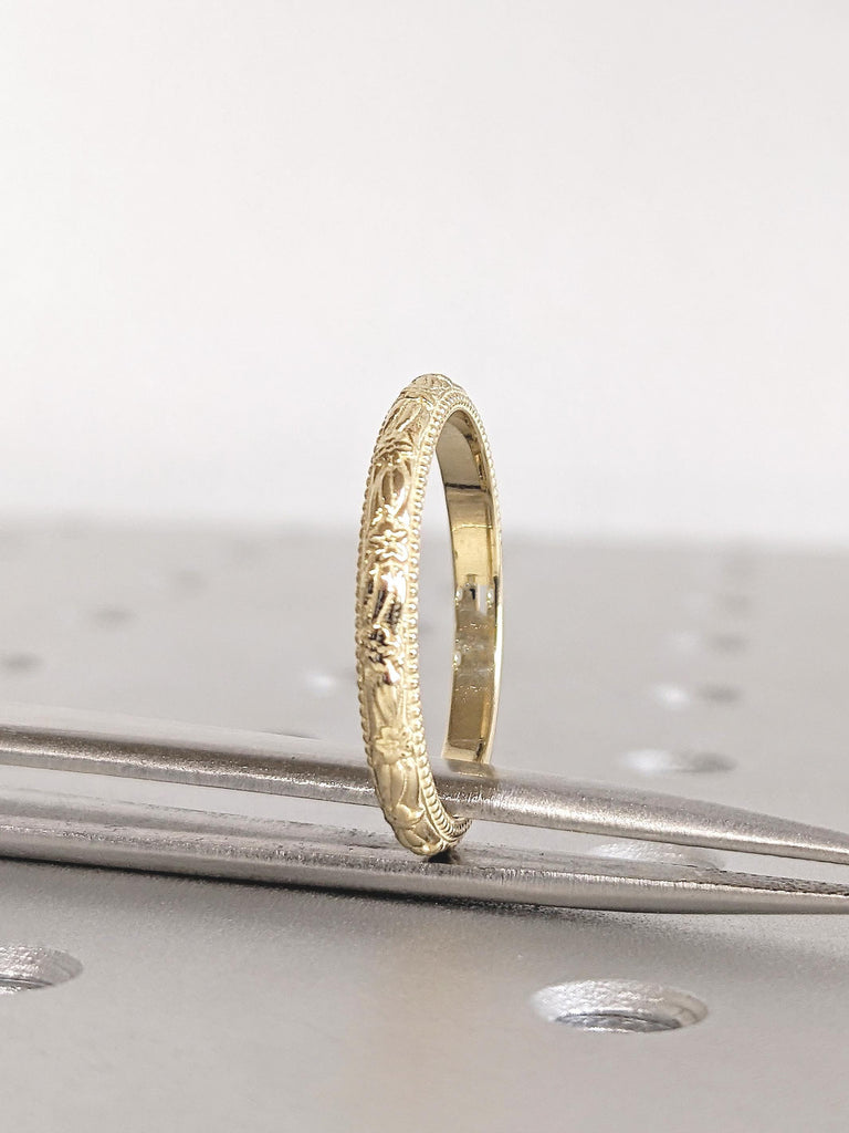 Dainty Floral Wedding Band for Women, 14k Solid Gold Milgrain Ring, Flower Ring, Unique Handmade Ring, Matching Ring, Gold Stacking Ring