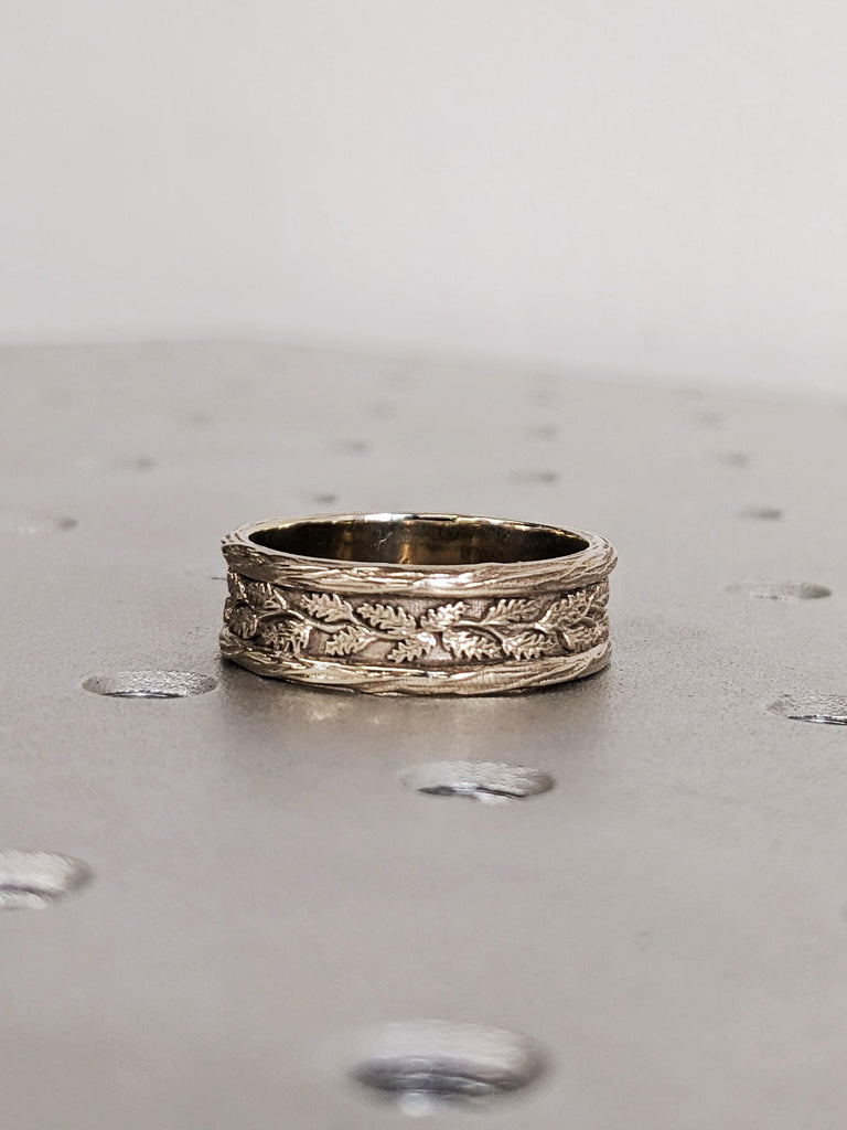 Natural Moss Agate Nature Men's Engagement Ring, 14K White Gold Vintage Oak Leaves Wedding Band