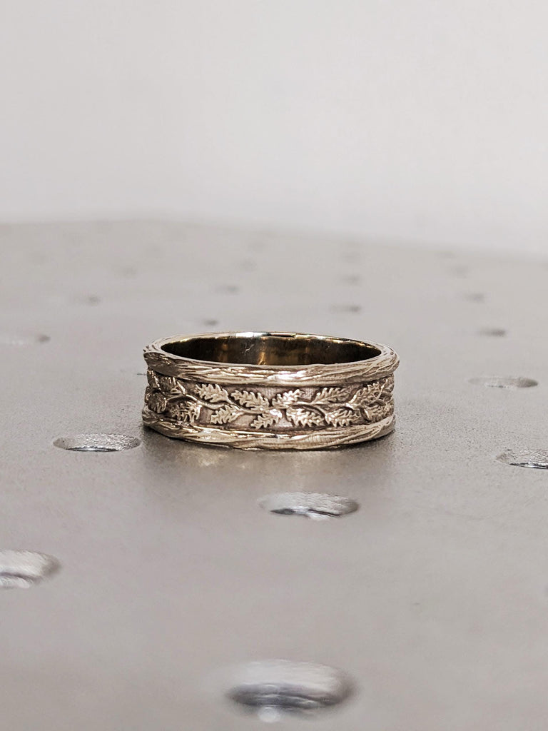 14K Solid White Gold Natural Moss Agate Wedding Band, Round Green Moss Agate Vintage Wedding Ring, Nature Foliage Band, Men's Engagement