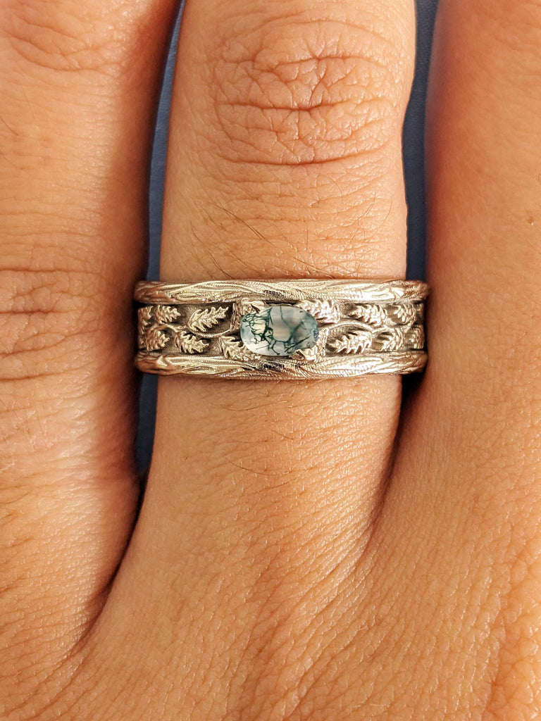 Natural Moss Agate Nature Men's Engagement Ring, 14K White Gold Vintage Oak Leaves Wedding Band