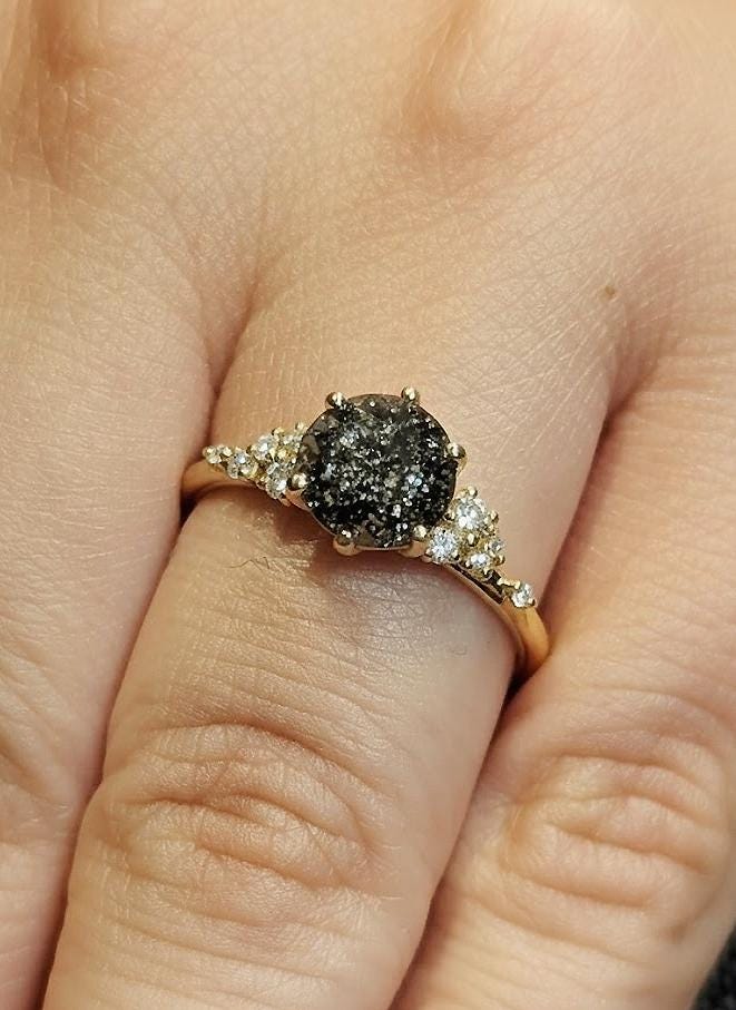 Round Salt and Pepper Snowdrift Engagement Ring, 18K Yellow Gold Diamond Cluster Wedding Ring