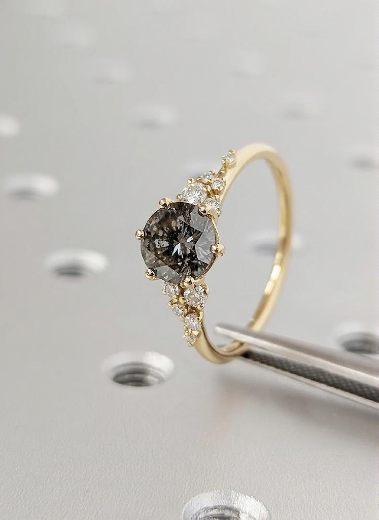 Round Salt and Pepper Snowdrift Engagement Ring, 18K Yellow Gold Diamond Cluster Wedding Ring