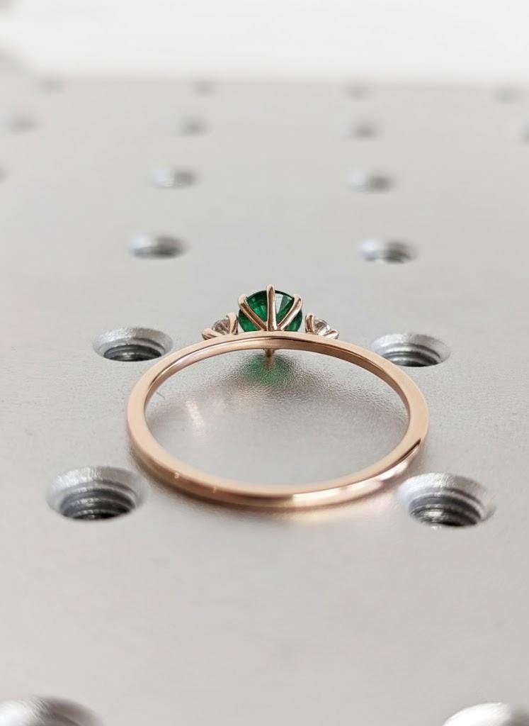 Timeless Three Stone Wedding Anniversary Ring in Rose Gold: Round cut Green Sapphire with Natural/Lab Diamond or Moissanite Side Stone