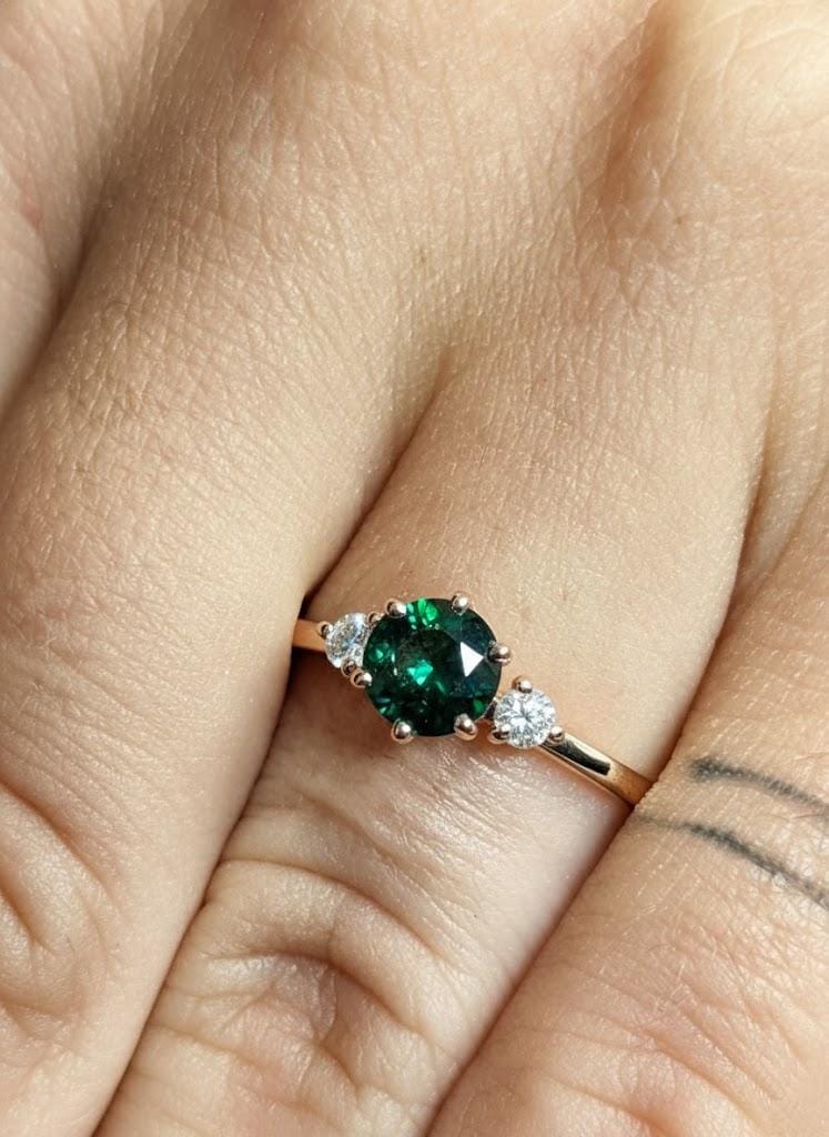 Solid Rose Gold Rings for Women | Green Sapphire Wedding Anniversary Ring | Three Stone Past Present Future Ring