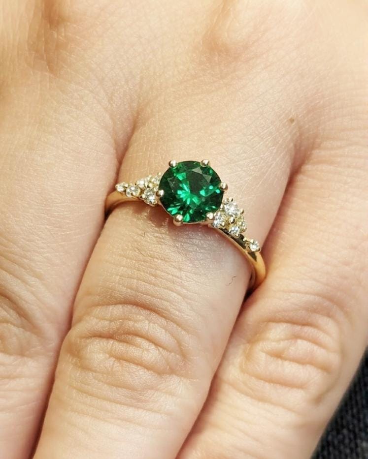 1ct Round Green Sapphire 18K Yellow Gold Engagement Ring, Unique Snowdrift 6 Prong Diamond Cluster Promise Ring, Sapphire Wedding Ring Women