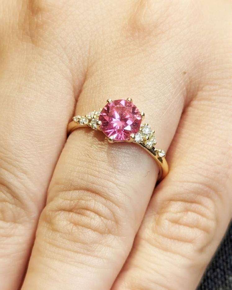 Natural Pink Tourmaline Ring: 1CT Round Tourmaline, Snowdrift Cluster, 18K Yellow Gold, October Birthstone