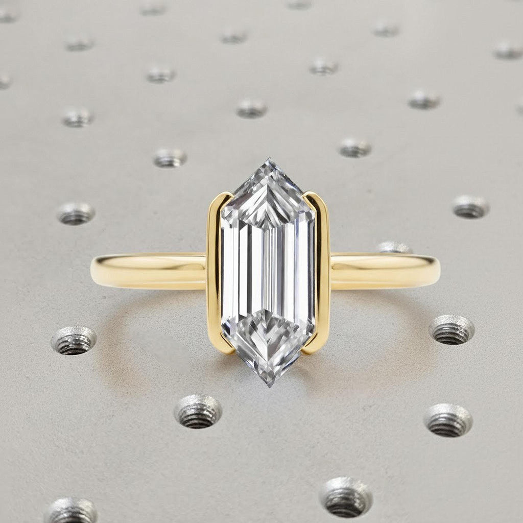 2 Carat VVS Moissanite Hexagon Engagement Ring | Half Bezel set Yellow Gold Ring | Solitaire Moissanite Ring