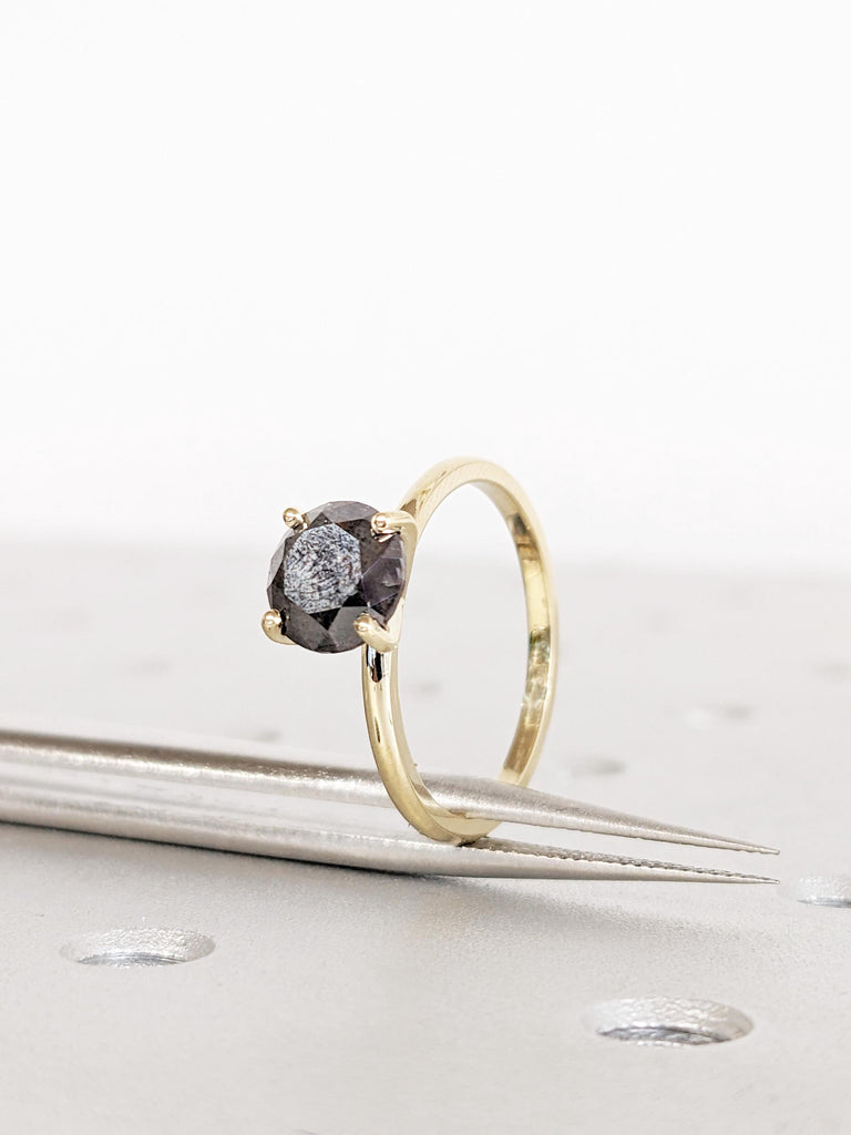 Round Salt and Pepper Diamond Engagement Ring, 14K Yellow Gold Solitaire Ring, Unique Diamond Wedding Ring, Minimalist Ring, Promise Ring