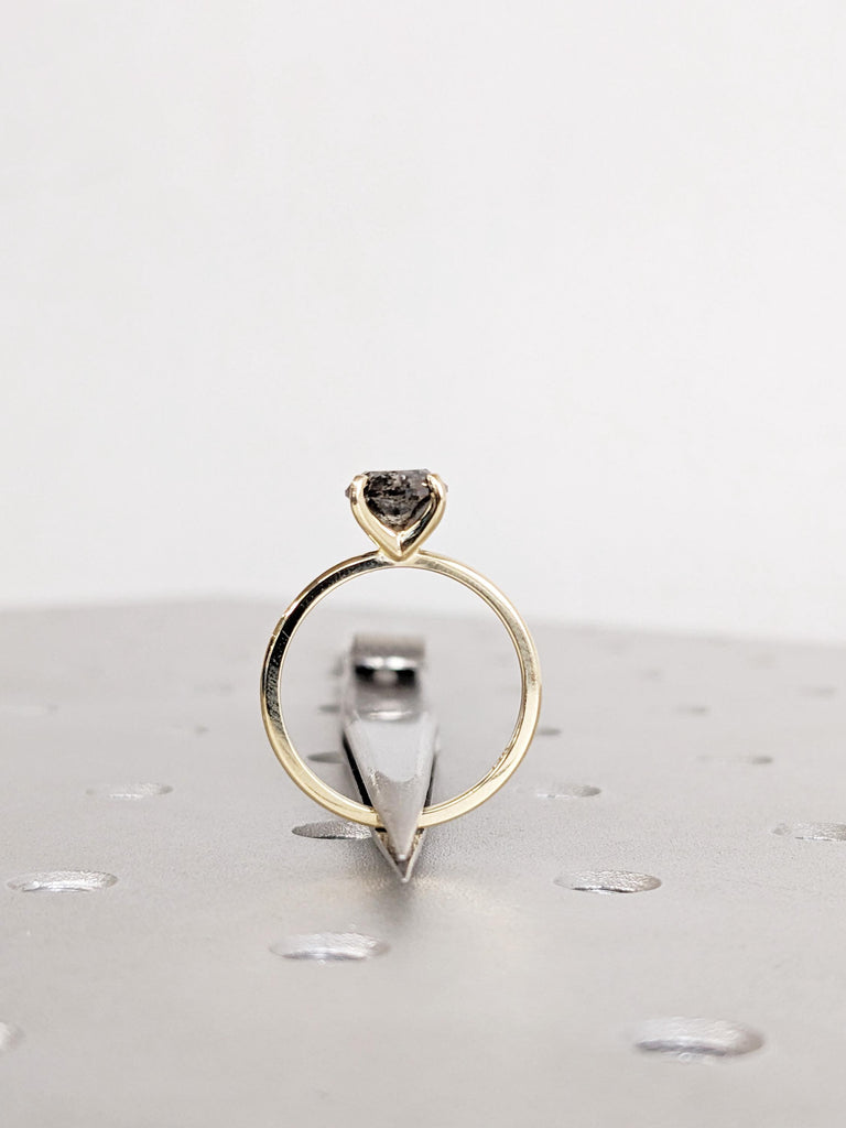 Round Salt and Pepper Diamond Engagement Ring, 14K Yellow Gold Solitaire Ring, Unique Diamond Wedding Ring, Minimalist Ring, Promise Ring