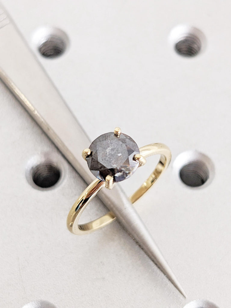 Round Salt and Pepper Diamond Engagement Ring, 14K Yellow Gold Solitaire Ring, Unique Diamond Wedding Ring, Minimalist Ring, Promise Ring