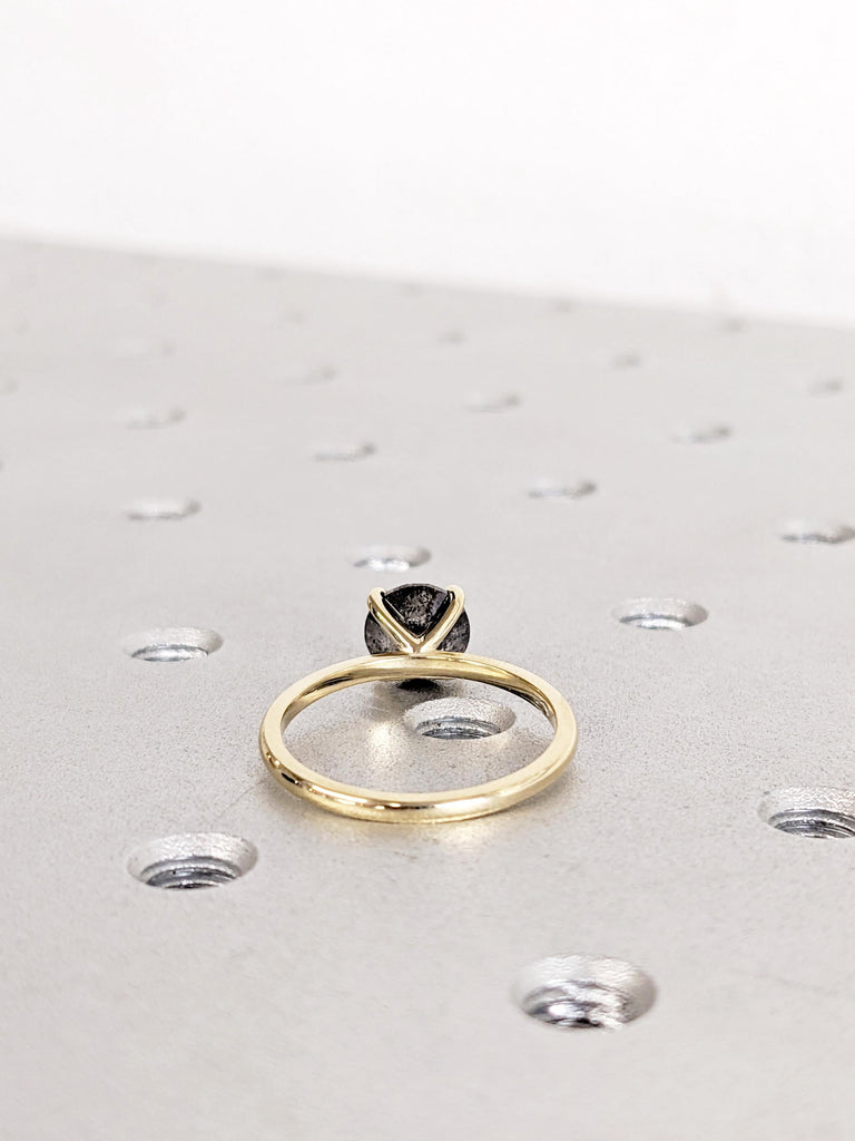 Salt and Pepper Diamond Engagement Ring: 14K Yellow Gold Solitaire, Round Dark / Icy Gemstone