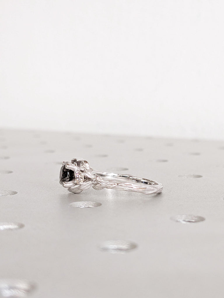 14K White Gold Salt and Pepper Ring, Round Cut Unique Engagement Ring, Nature Inspired Vintage Leaf Ring, Twig Ring, Custom Wedding Jewelry