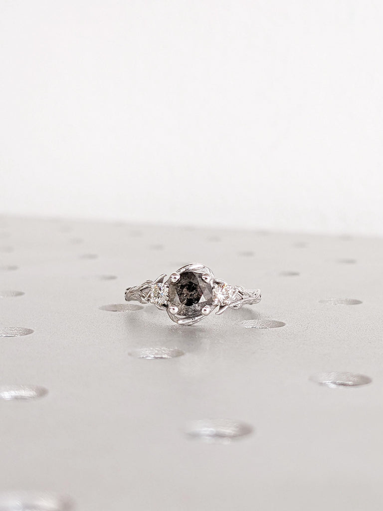 14K White Gold Salt and Pepper Ring, Round Cut Unique Engagement Ring, Nature Inspired Vintage Leaf Ring, Twig Ring, Custom Wedding Jewelry