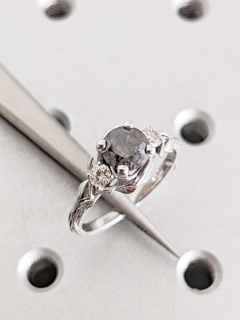 14K White Gold Salt and Pepper Ring, Round Cut Unique Engagement Ring, Nature Inspired Vintage Leaf Ring, Twig Ring, Custom Wedding Jewelry