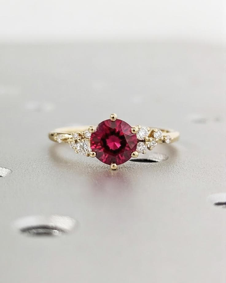 Ruby Engagement Ring: Round Lab-Created Ruby, Snowdrift Cluster Diamonds, 18K Yellow Gold, July Birthstone