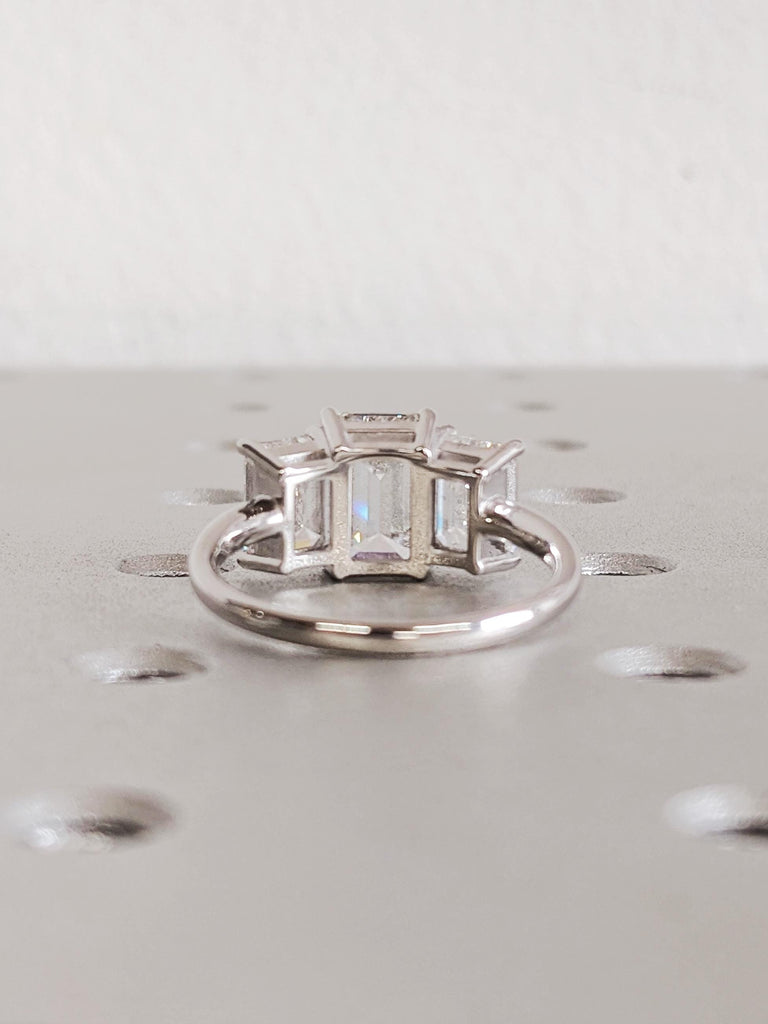 Emerald Trilogy Lab Diamond Ring, 14K White Gold Three Stone Wedding Band, Geometric Modern Engagement Ring image #4