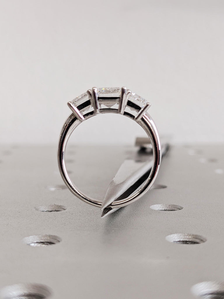 Emerald Trilogy Lab Diamond Ring, 14K White Gold Three Stone Wedding Band, Geometric Modern Engagement Ring image #6