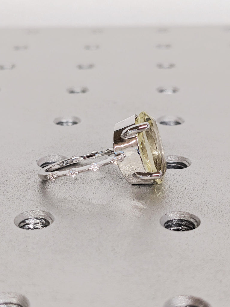 5ct Oval Lemon Quartz Engagement Ring, 14K Gold light Yellow Statement Ring, Diamond Half Eternity Band