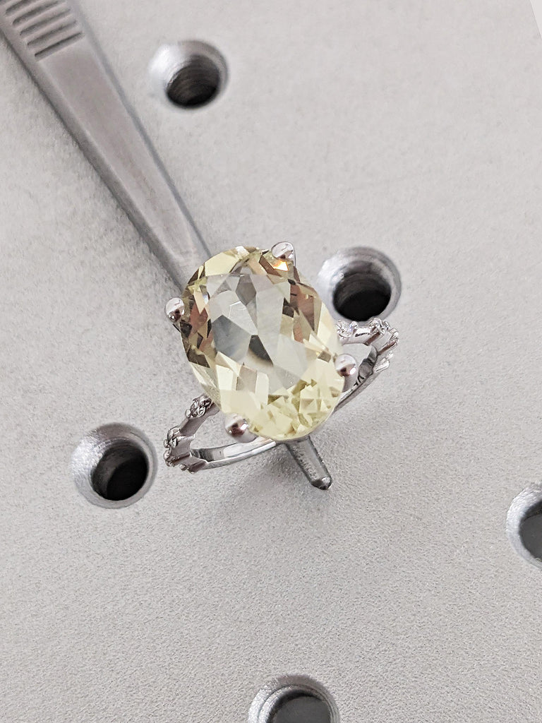 5ct Oval Lemon Quartz Engagement Ring, 14K Gold light Yellow Statement Ring, Diamond Half Eternity Band