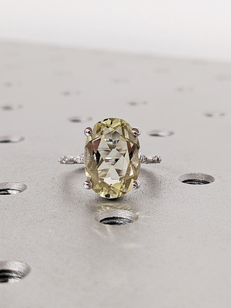 5ct Oval Lemon Quartz Engagement Ring, 14K Gold light Yellow Statement Ring, Diamond Half Eternity Band