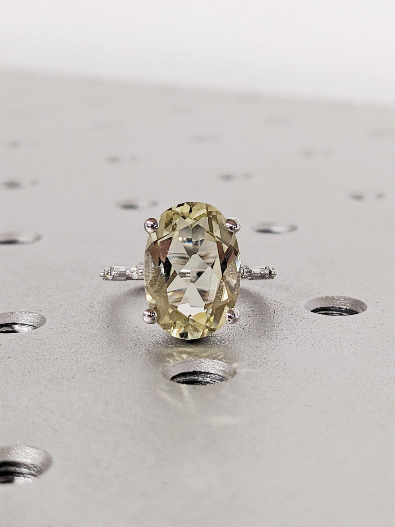 5ct Oval Lemon Quartz Engagement Ring, 14K Gold light Yellow Statement Ring, Diamond Half Eternity Band