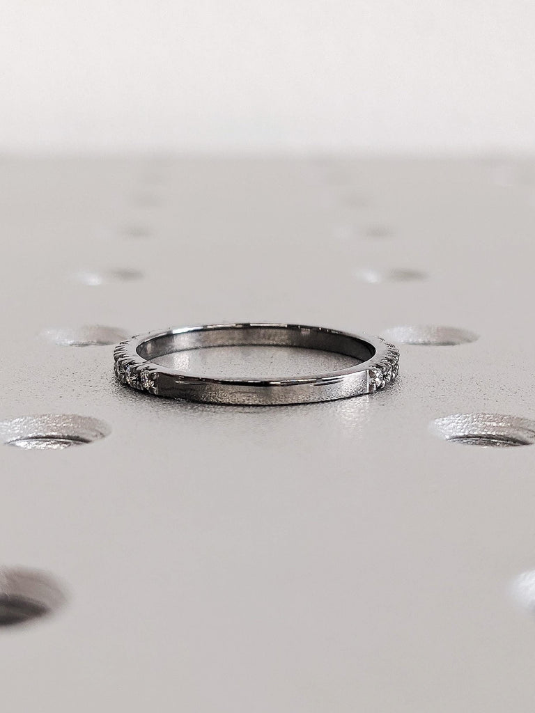 Black Gold Round Diamond Matching Ring, Thin Dainty Pavé Diamond Engagement Ring, 14K Gold Custom Stacking Wedding Band, Gothic Aesthetic