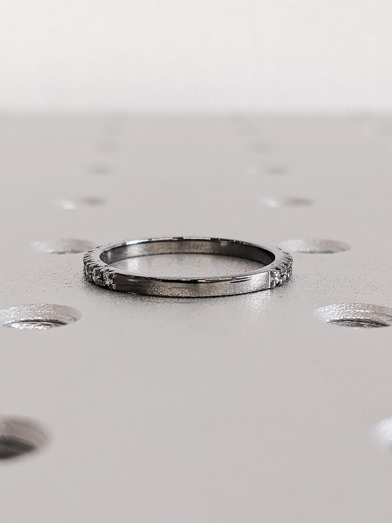 14K Black Gold Diamond Matching Engagement Ring, Round Dainty Pavé Diamond Ring, Alternative Wedding band, Women's Stacking Jewelry