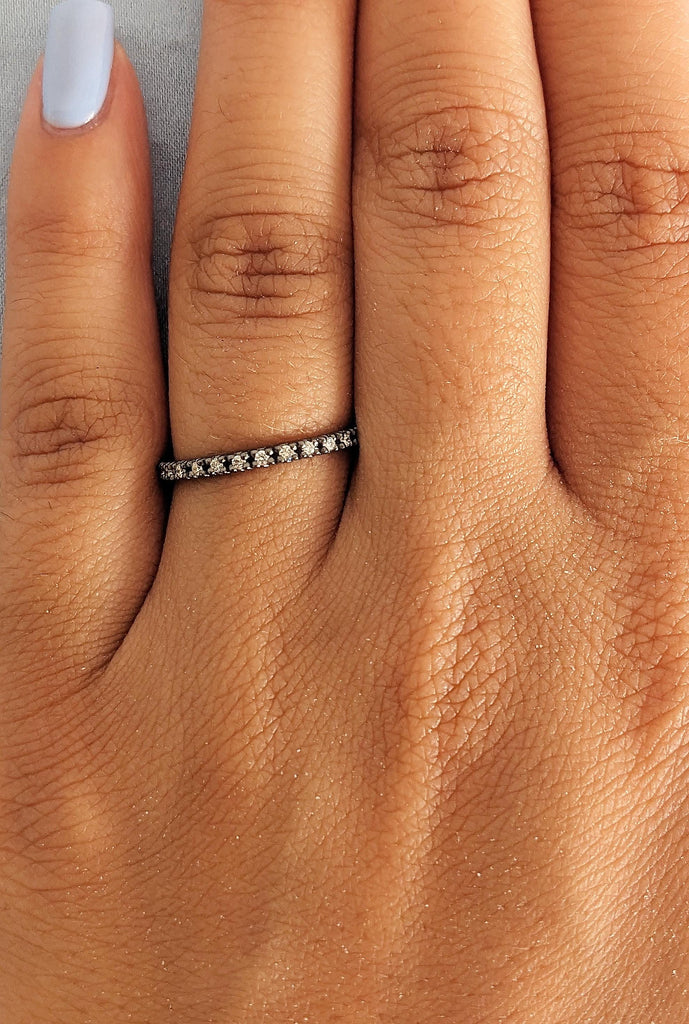 14K Black Gold Diamond Matching Engagement Ring, Round Dainty Pavé Diamond Ring, Alternative Wedding band, Women's Stacking Jewelry