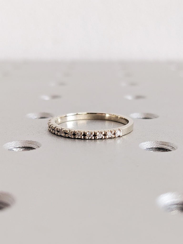 14K White Gold Diamond Matching Engagement Ring, Round Dainty Pavé Diamond Ring, Custom Gold wedding band, Women's Stacking Jewelry