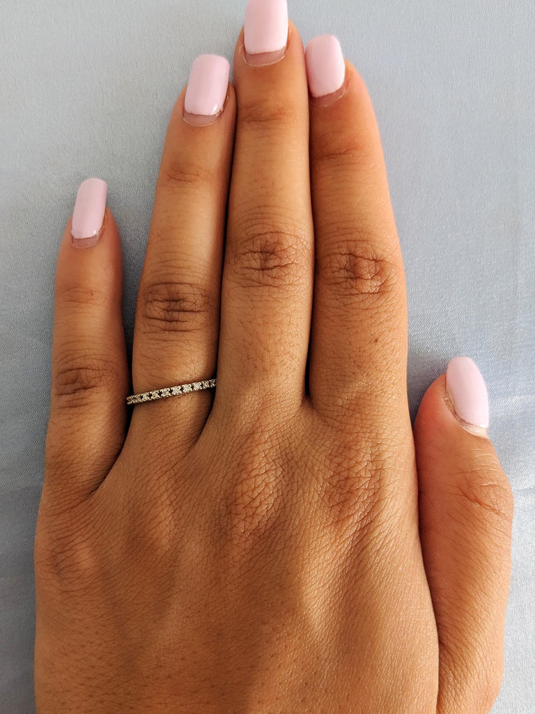 14K White Gold Diamond Matching Engagement Ring, Round Dainty Pavé Diamond Ring, Custom Gold wedding band, Women's Stacking Jewelry