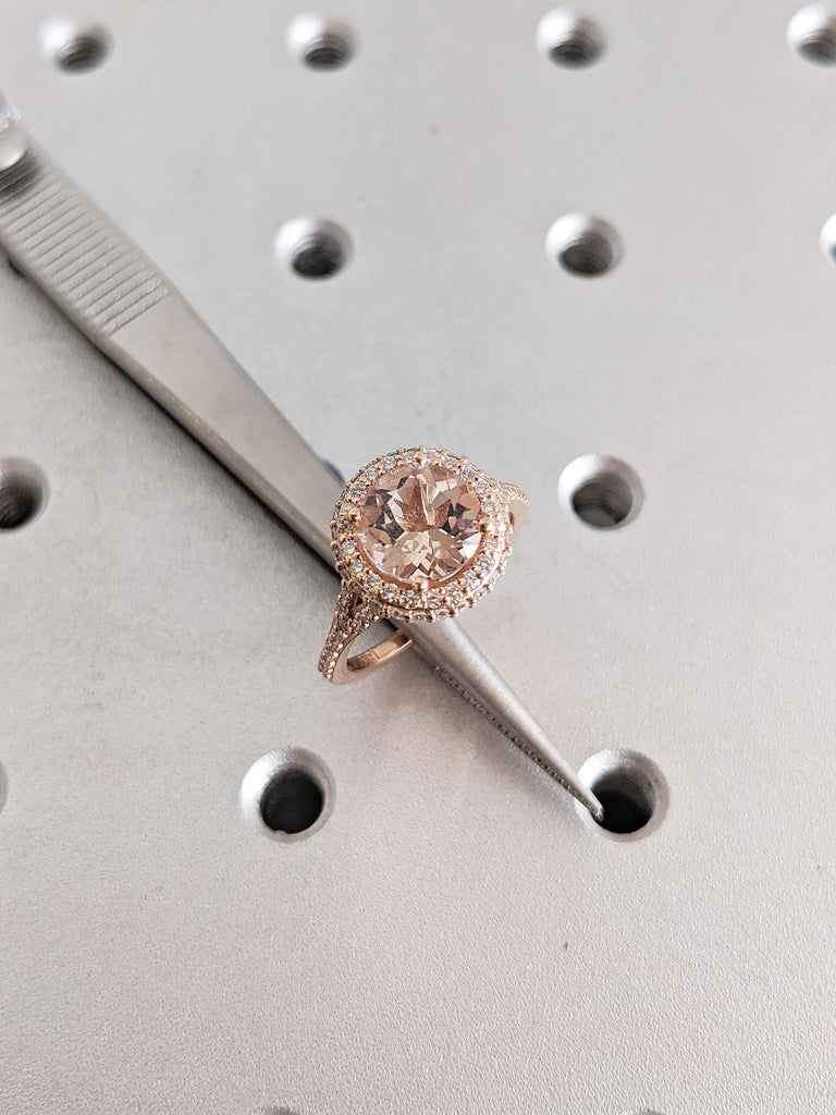 Round Morganite Ring, Halo Engagement Ring, Dainty 14k Rose Gold Ring