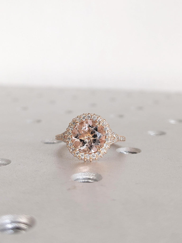 Round Morganite Ring, Halo Engagement Ring, Dainty 18k Rose Gold Ring, Diamond Hidden Halo, Art Deco Lab Morganite Wedding Ring, Bridal Ring